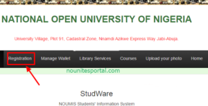 At the nouonline portal menu click on registration