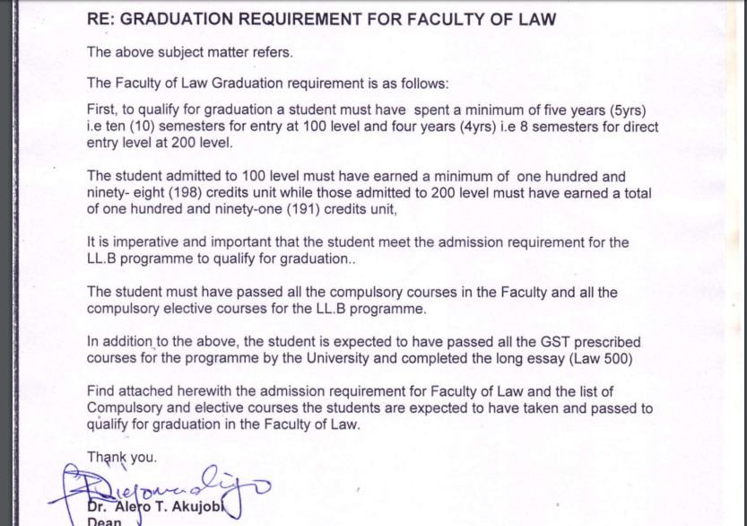 Graduation Requirement for Faculty of Law