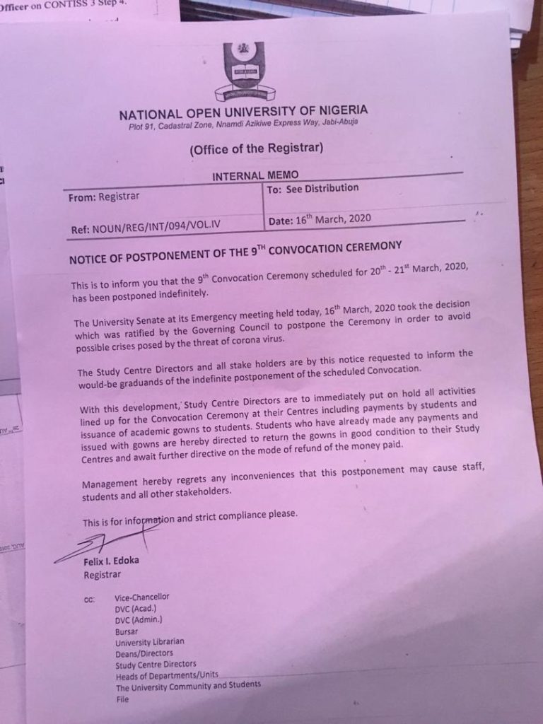 NOTICE OF POSTPONEMENT OF THE 9TH CONVOCATION CEREMONY